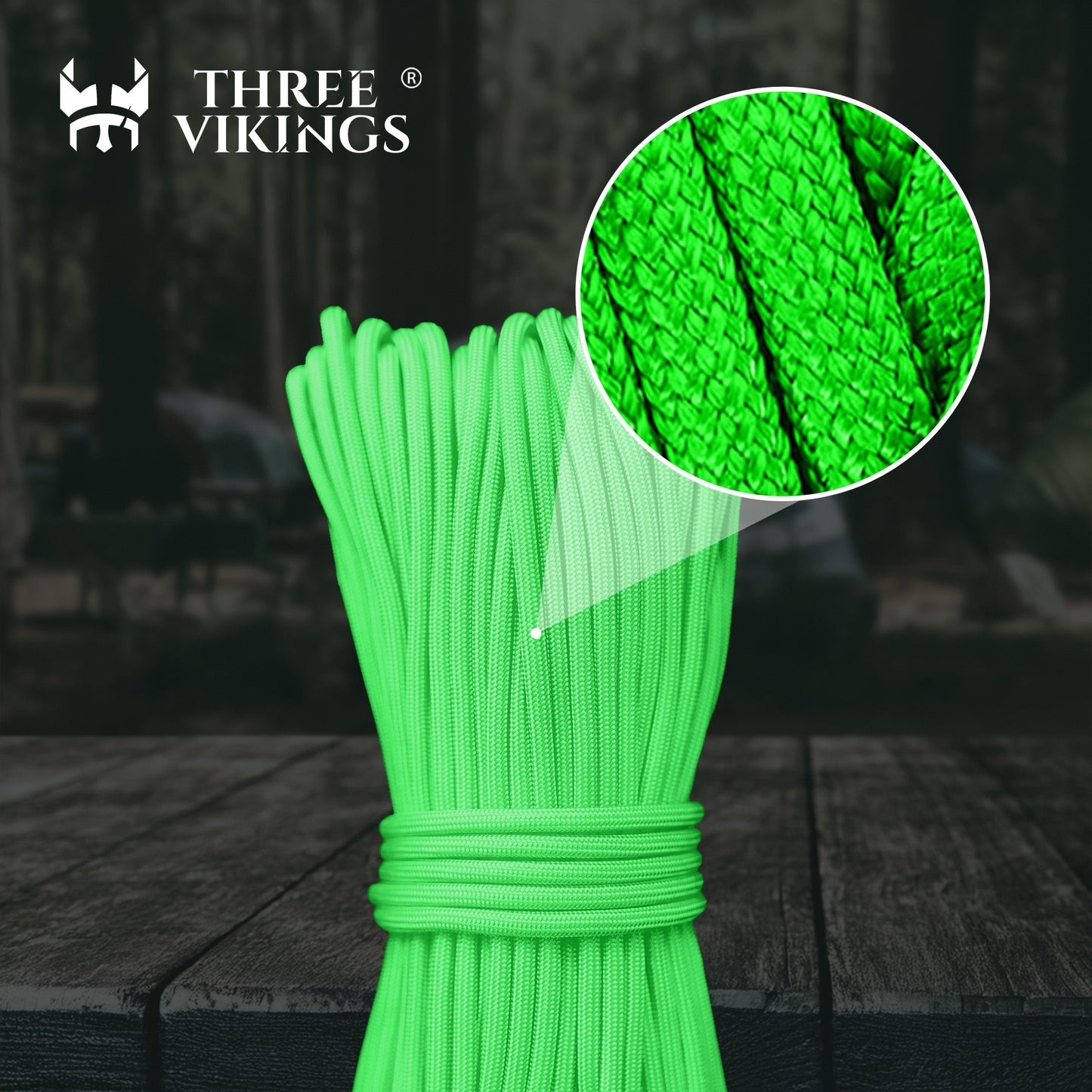Three Vikings Premium Paracord Rope / Parachute Cord - 750lbs Type IV - 11 Strand Core - in Many Colors and Continuous Spools - Neon Green