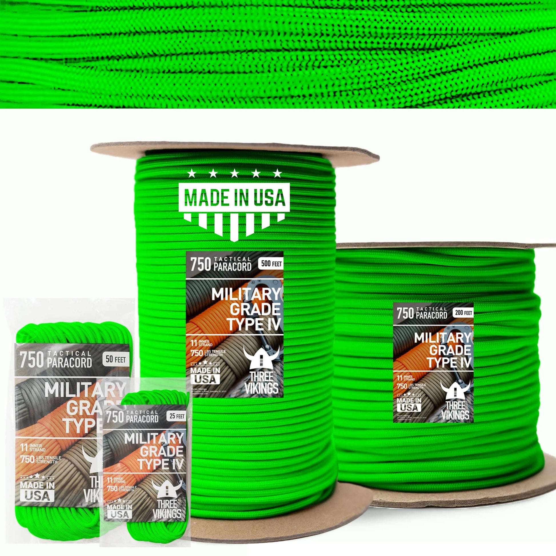 Three Vikings Premium Paracord Rope / Parachute Cord - 750lbs Type IV - 11 Strand Core - in Many Colors and Continuous Spools - Neon Green