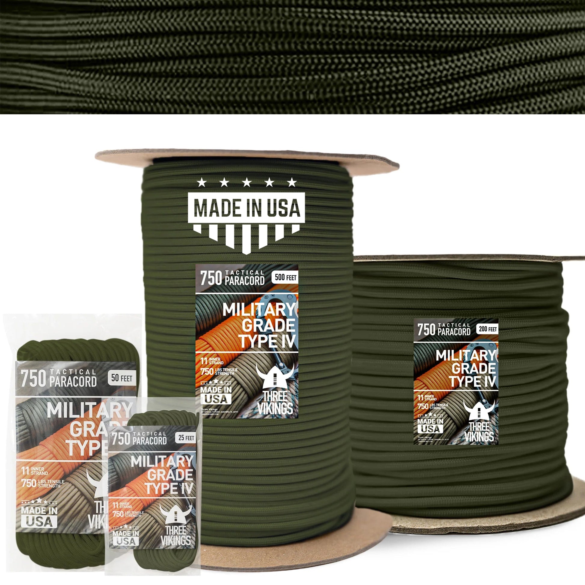Three Vikings Premium Paracord Rope / Parachute Cord - 750lbs Type IV - 11 Strand Core - in Many Colors and Continuous Spools - Olive Drab