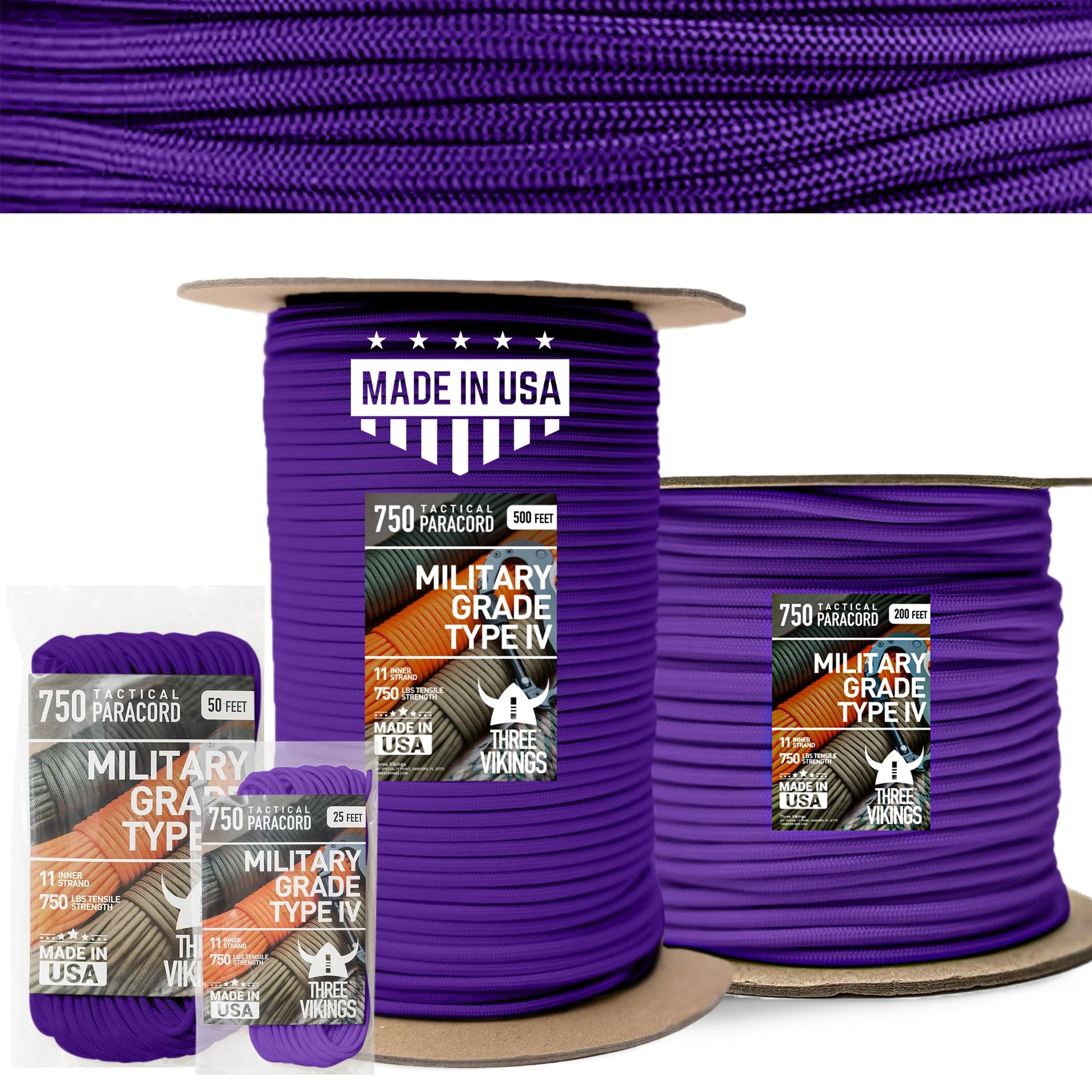 Three Vikings Premium Paracord Rope / Parachute Cord - 750lbs Type IV - 11 Strand Core - in Many Colors and Continuous Spools - Purple
