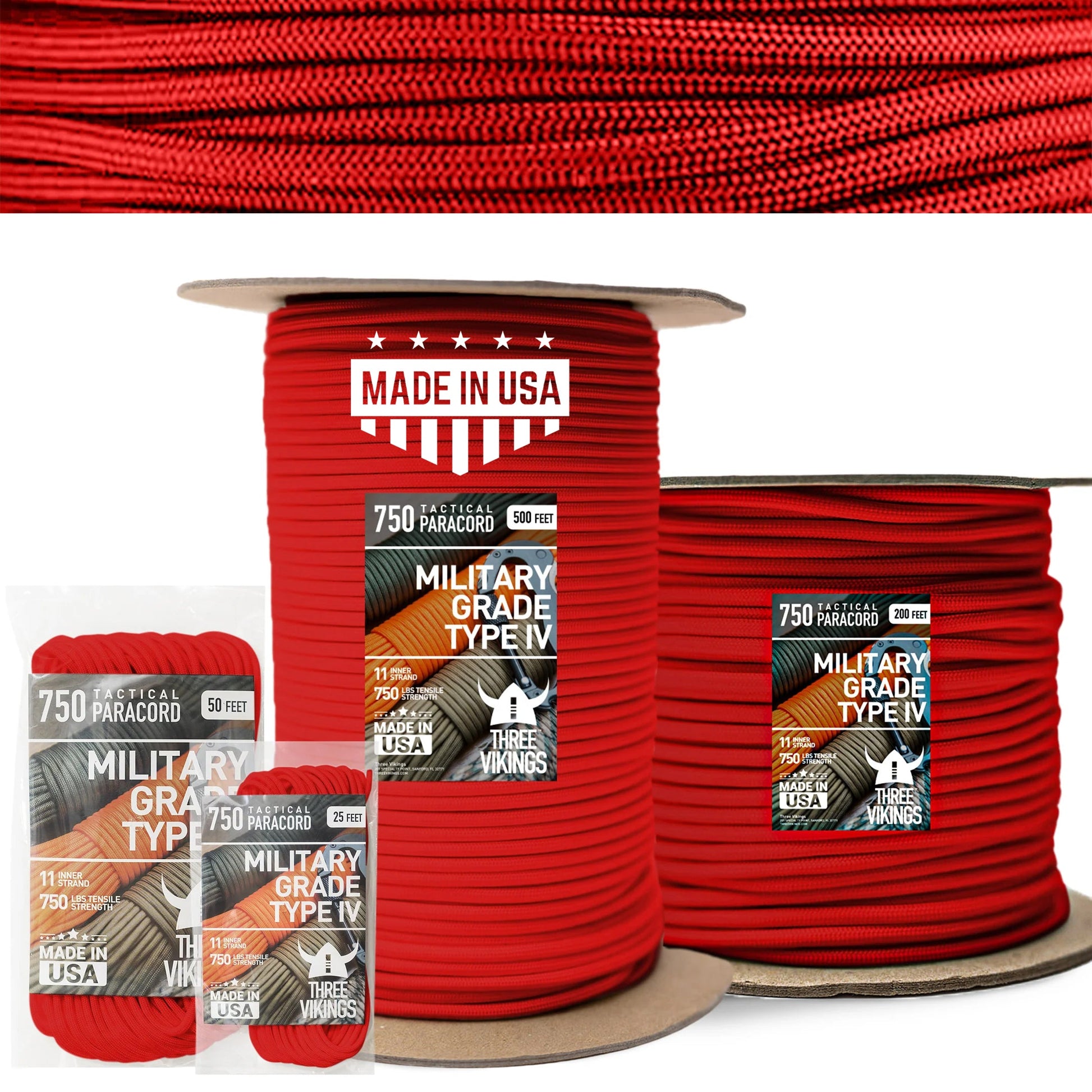 Three Vikings Premium Paracord Rope / Parachute Cord - 750lbs Type IV - 11 Strand Core - in Many Colors and Continuous Spools - Red