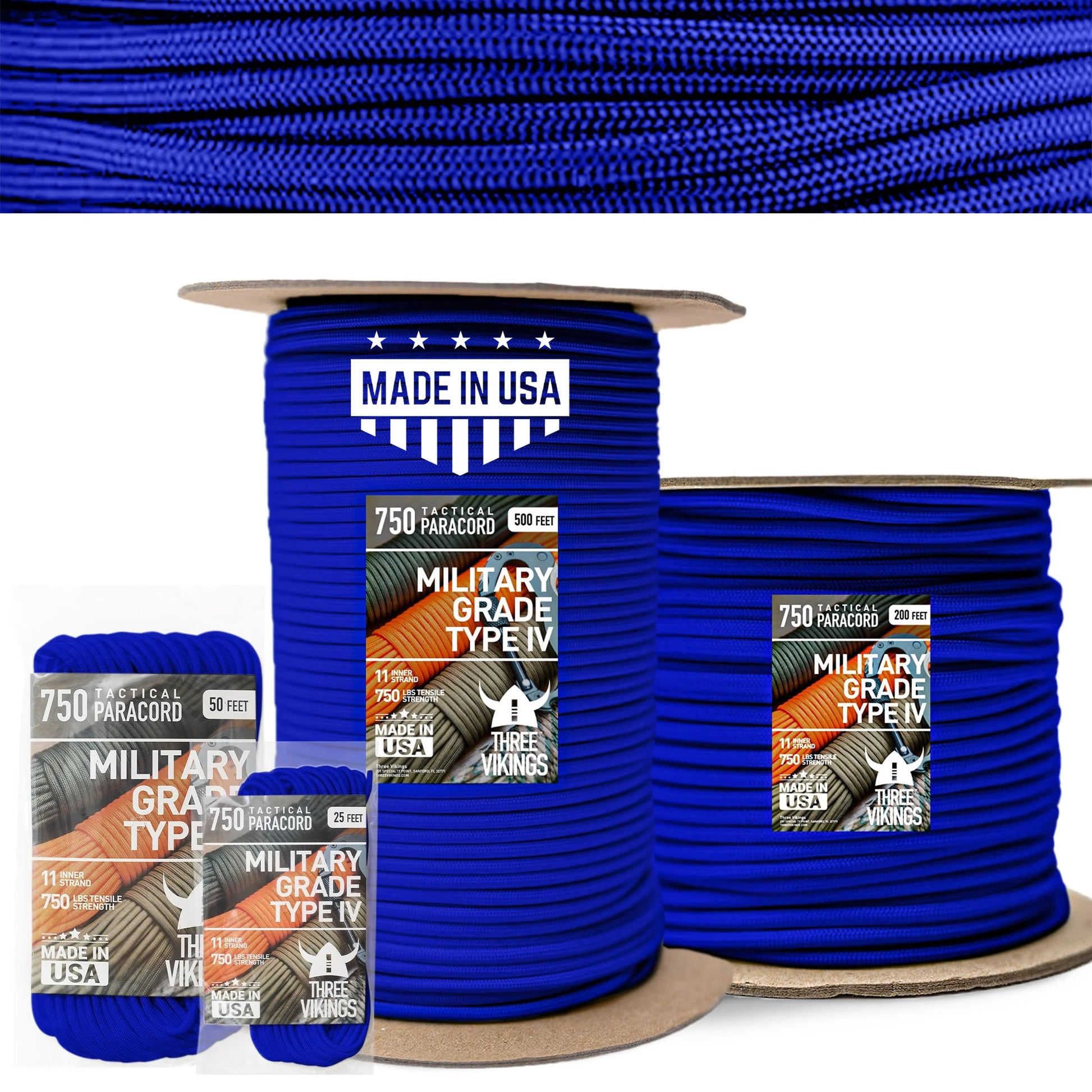 Three Vikings Premium Paracord Rope / Parachute Cord - 750lbs Type IV - 11 Strand Core - in Many Colors and Continuous Spools - Royal Blue