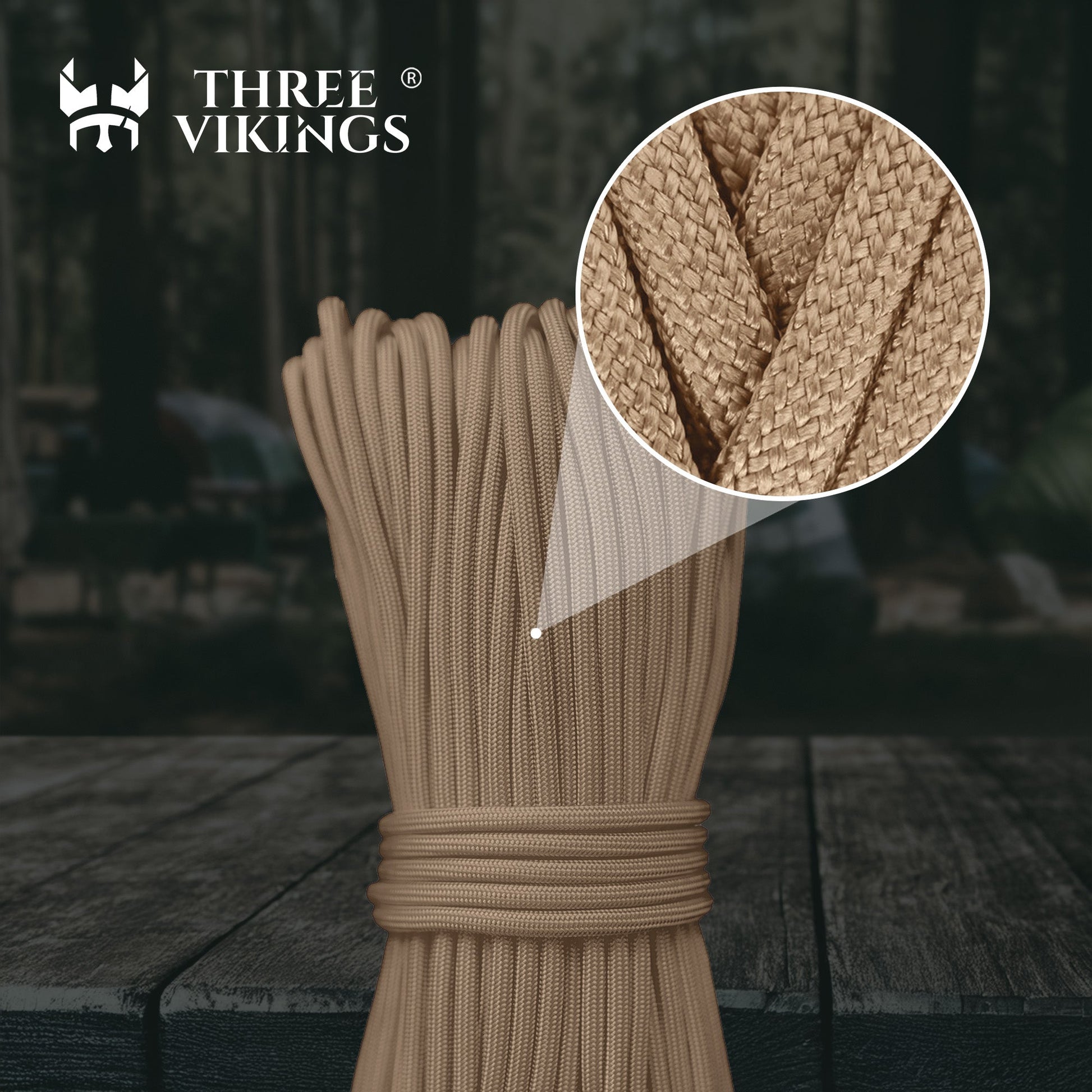 Three Vikings Premium Paracord Rope / Parachute Cord - 750lbs Type IV - 11 Strand Core - in Many Colors and Continuous Spools - Tan