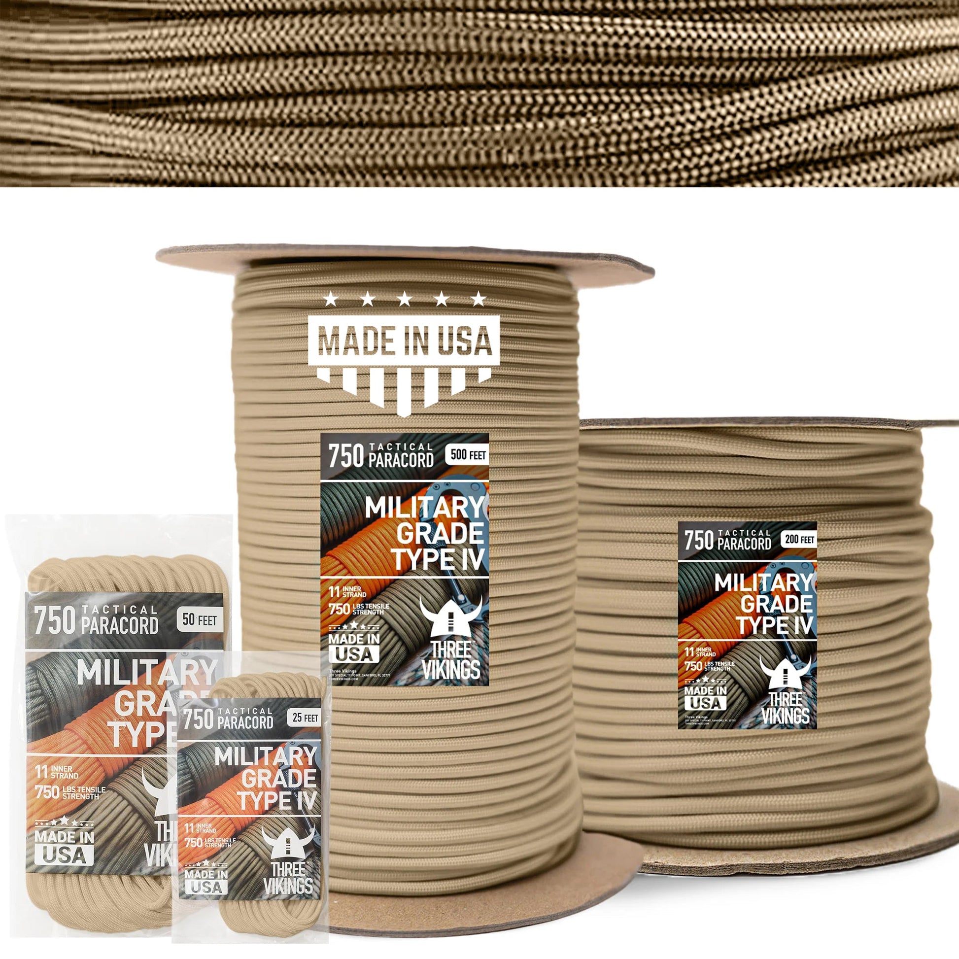 Three Vikings Premium Paracord Rope / Parachute Cord - 750lbs Type IV - 11 Strand Core - in Many Colors and Continuous Spools - Tan