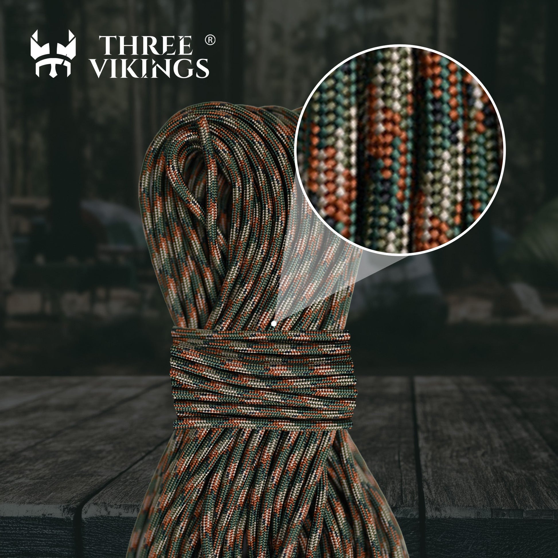 Three Vikings Premium Paracord Rope / Parachute Cord - 750lbs Type IV - 11 Strand Core - in Many Colors and Continuous Spools - Woodland Camo