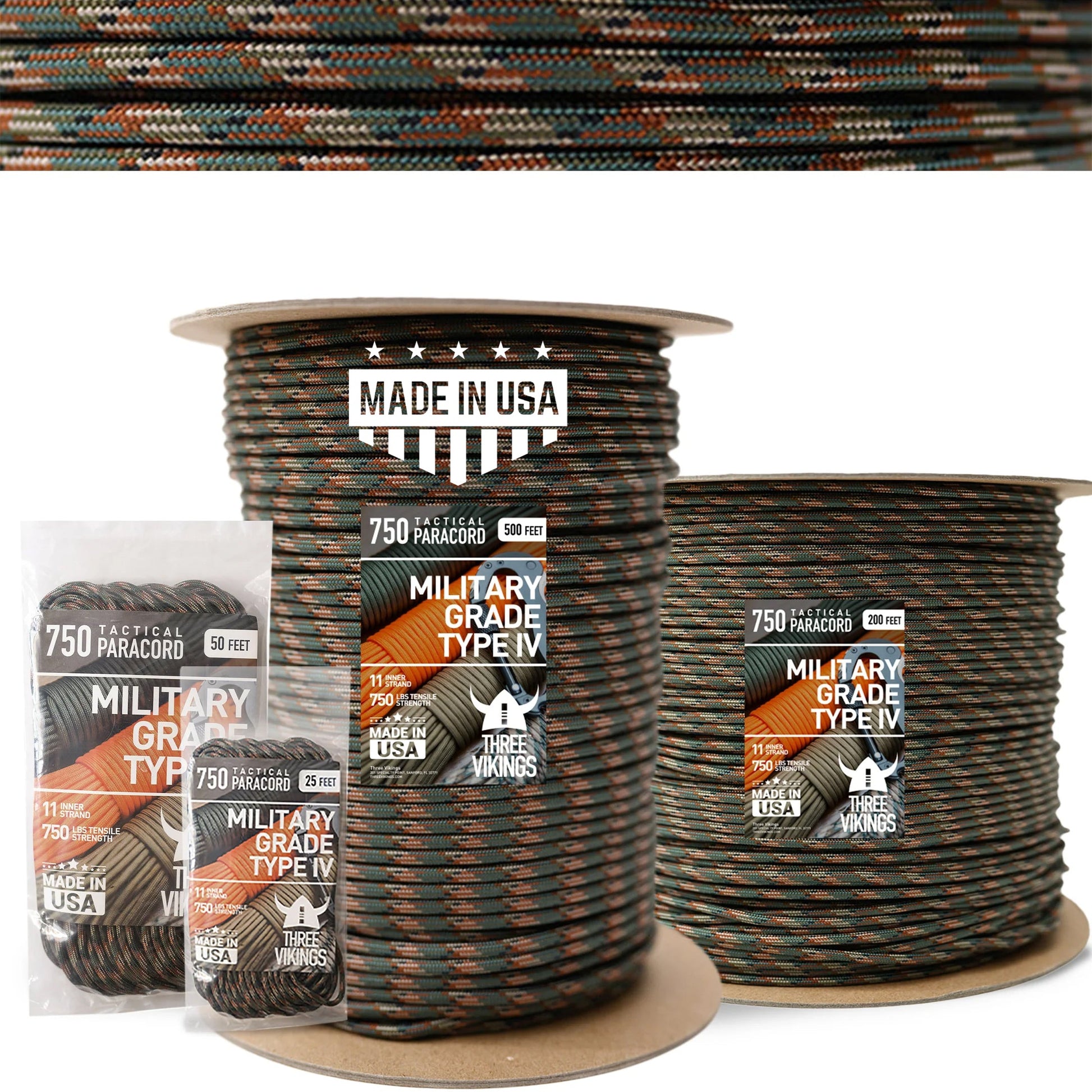 Three Vikings Premium Paracord Rope / Parachute Cord - 750lbs Type IV - 11 Strand Core - in Many Colors and Continuous Spools - Woodland Camo