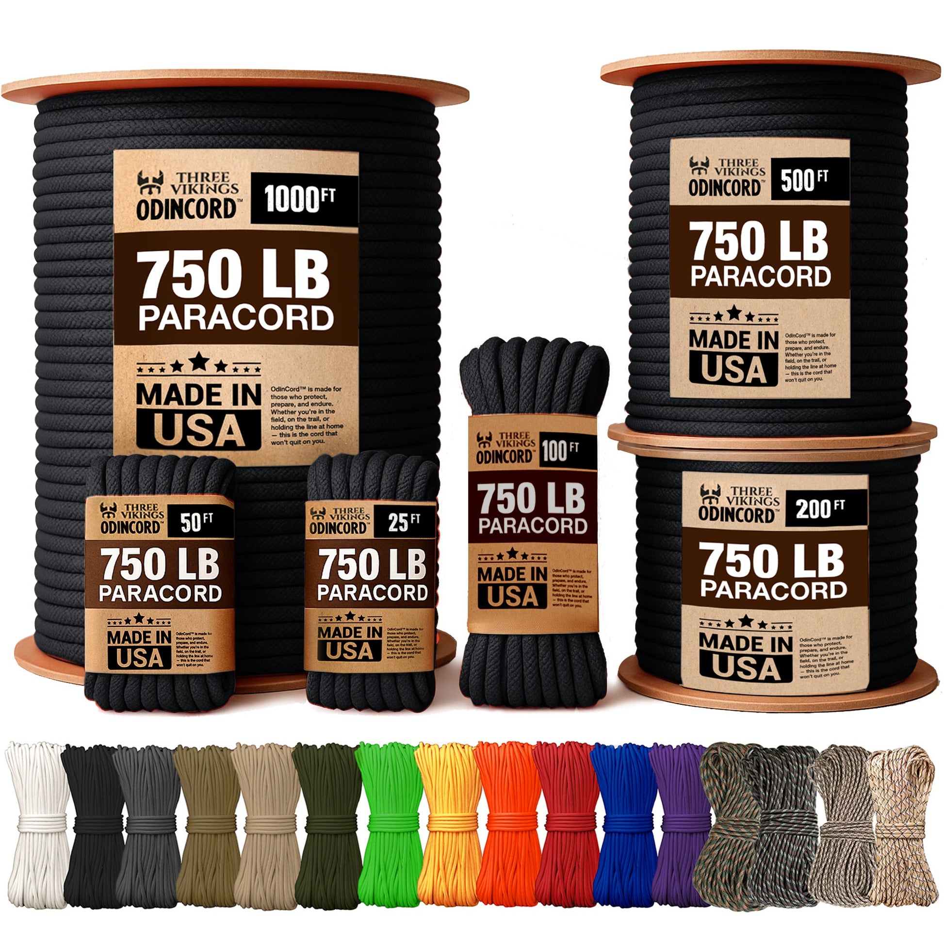 Three Vikings Premium Paracord Rope / Parachute Cord - 750lbs Type IV - 11 Strand Core - in Many Colors and Continuous Spools - Black