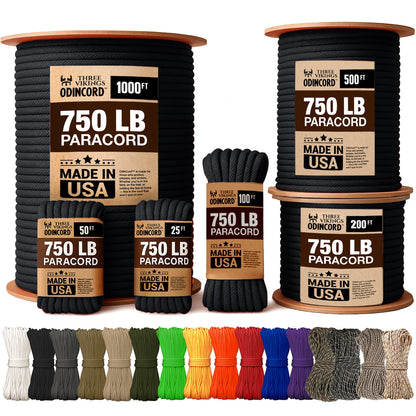 Three Vikings Premium Paracord Rope / Parachute Cord - 750lbs Type IV - 11 Strand Core - in Many Colors and Continuous Spools - Black