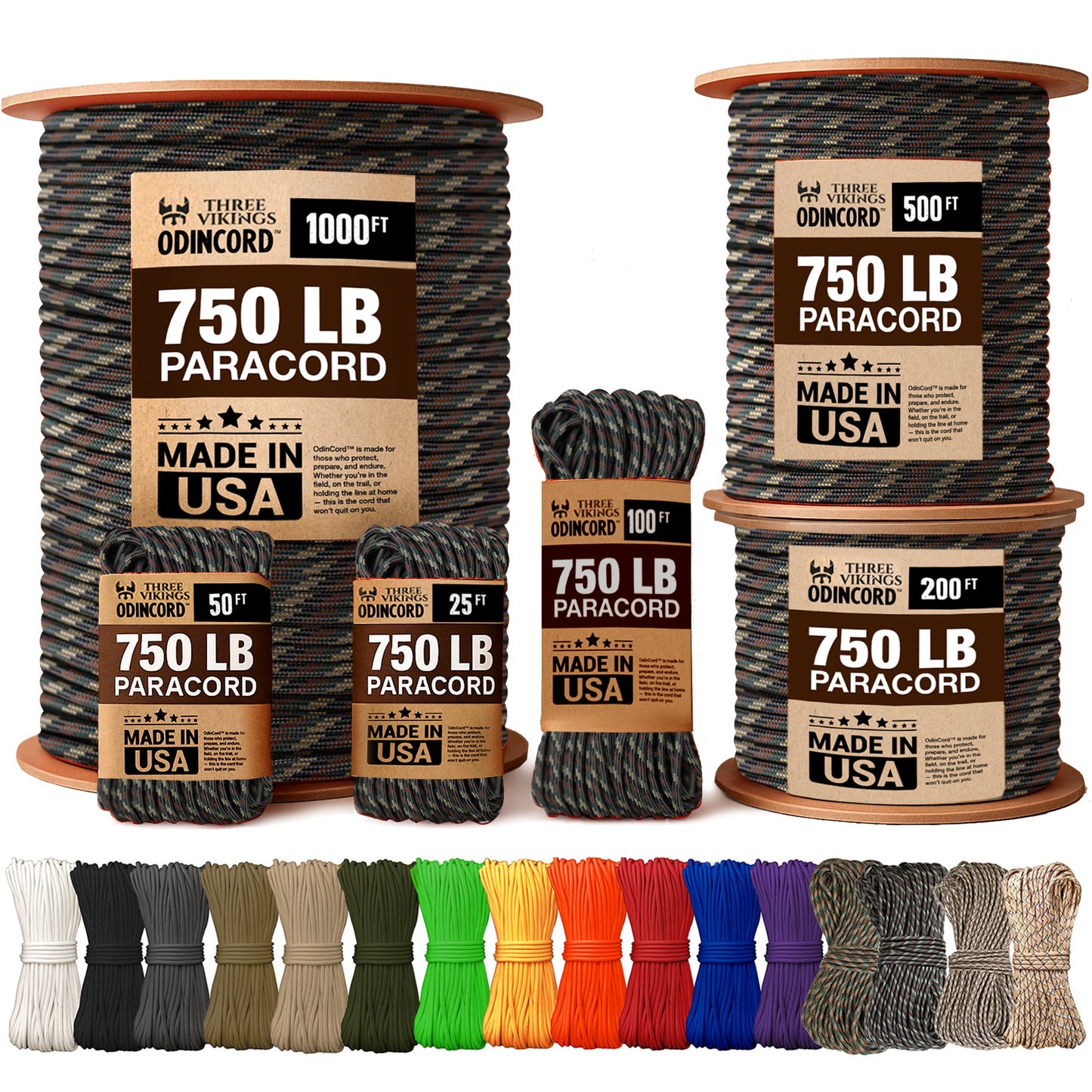 Three Vikings Premium Paracord Rope / Parachute Cord - 750lbs Type IV - 11 Strand Core - in Many Colors and Continuous Spools - Camo