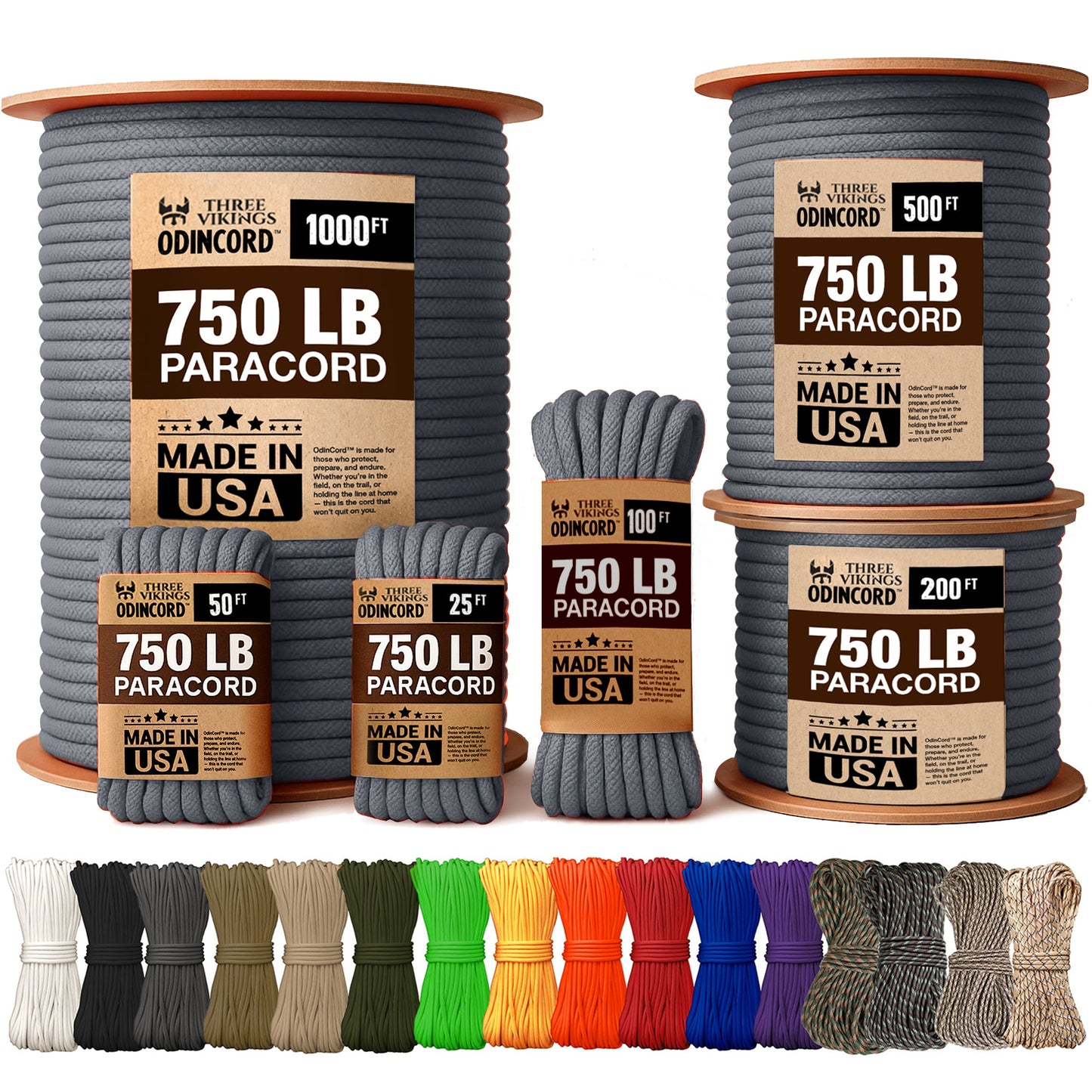 Three Vikings Premium Paracord Rope / Parachute Cord - 750lbs Type IV - 11 Strand Core - in Many Colors and Continuous Spools - Charcoal Gray