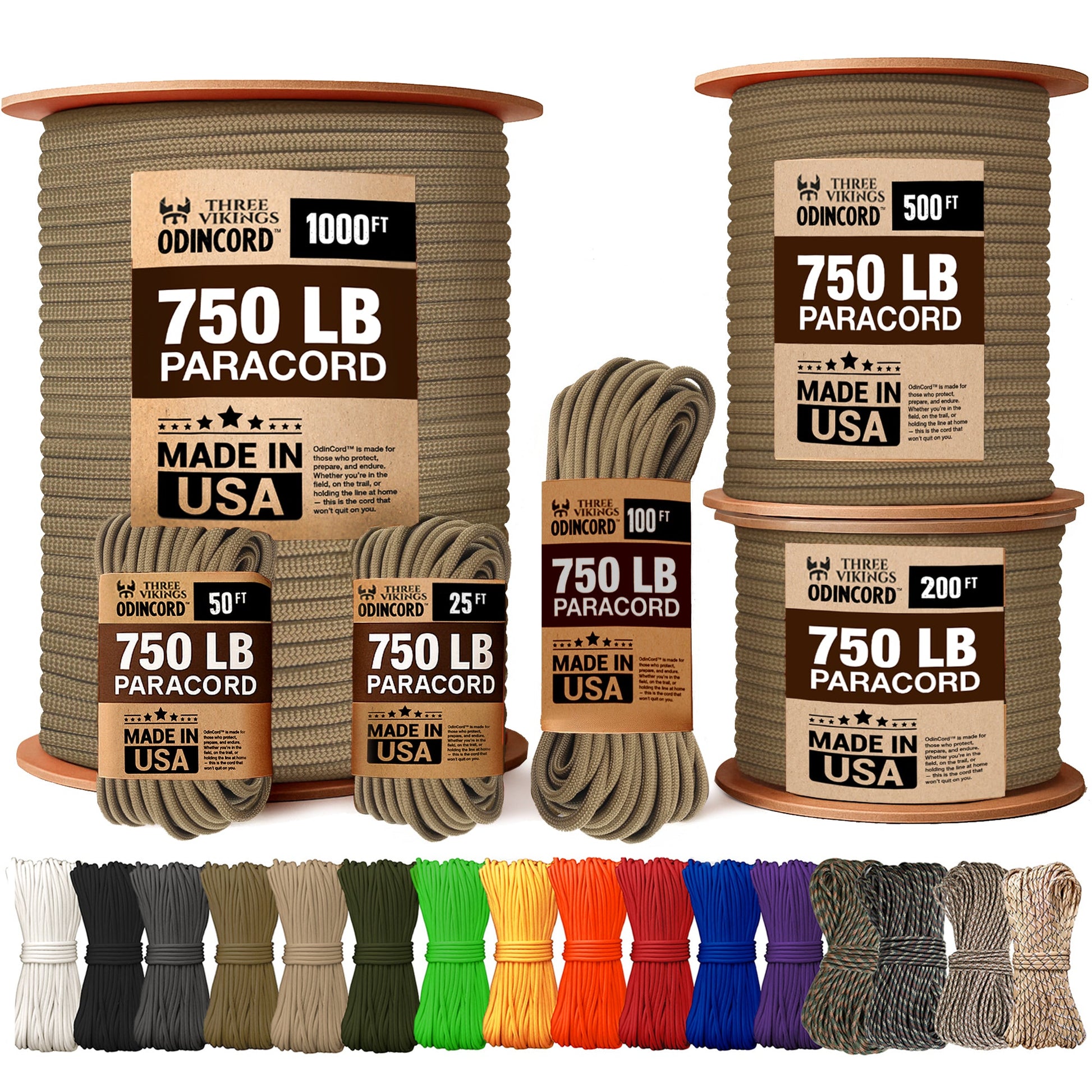 Three Vikings Premium Paracord Rope / Parachute Cord - 750lbs Type IV - 11 Strand Core - in Many Colors and Continuous Spools - Coyote Brown