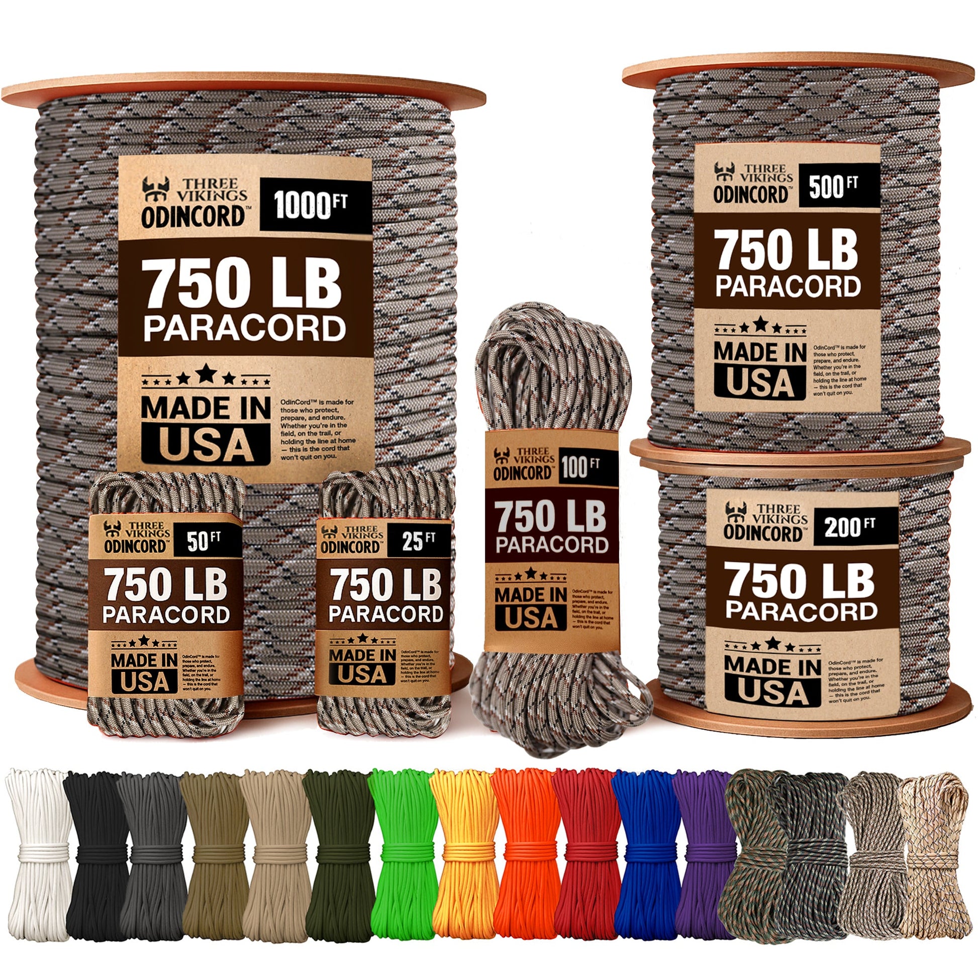 Three Vikings Premium Paracord Rope / Parachute Cord - 750lbs Type IV - 11 Strand Core - in Many Colors and Continuous Spools - Desert Camo