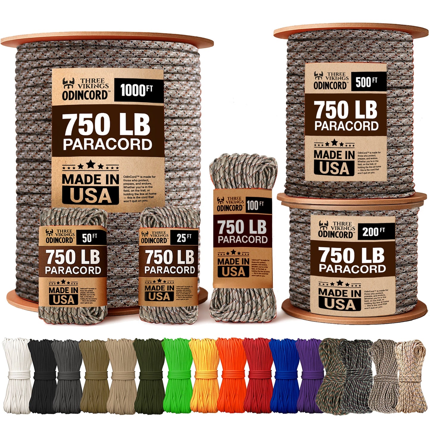 Three Vikings Premium Paracord Rope / Parachute Cord - 750lbs Type IV - 11 Strand Core - in Many Colors and Continuous Spools - Digital Camo