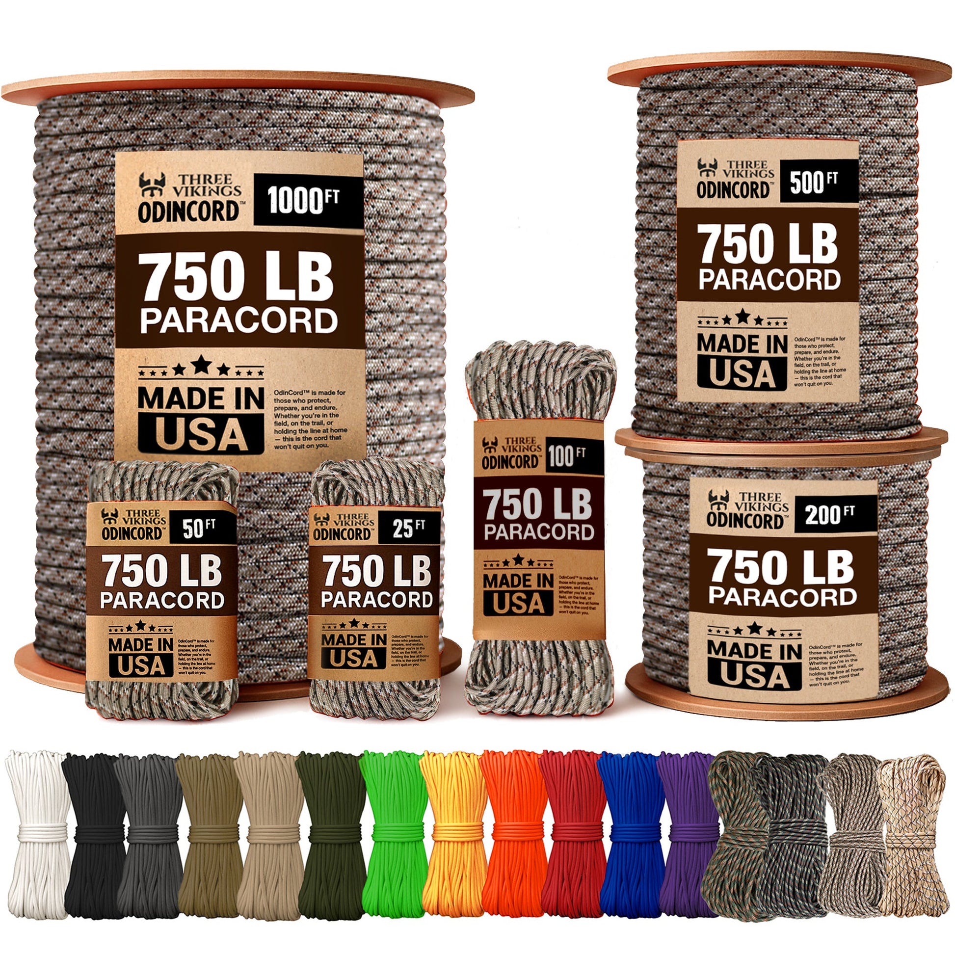 Three Vikings Premium Paracord Rope / Parachute Cord - 750lbs Type IV - 11 Strand Core - in Many Colors and Continuous Spools - Digital Camo