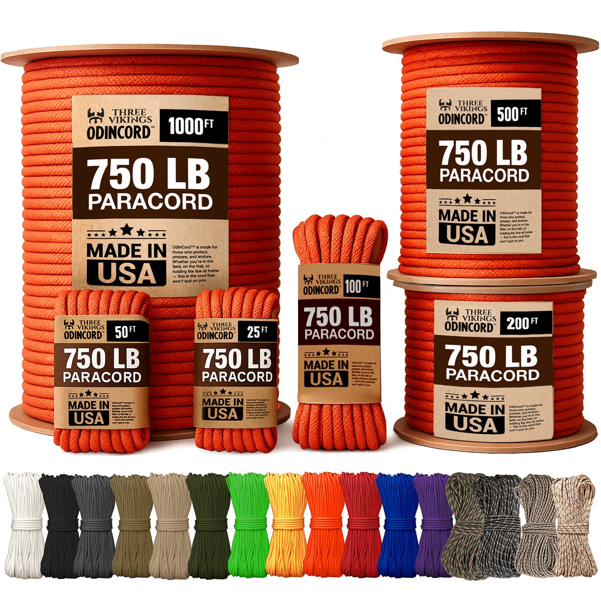 Three Vikings Premium Paracord Rope / Parachute Cord - 750lbs Type IV - 11 Strand Core - in Many Colors and Continuous Spools - Neon Orange