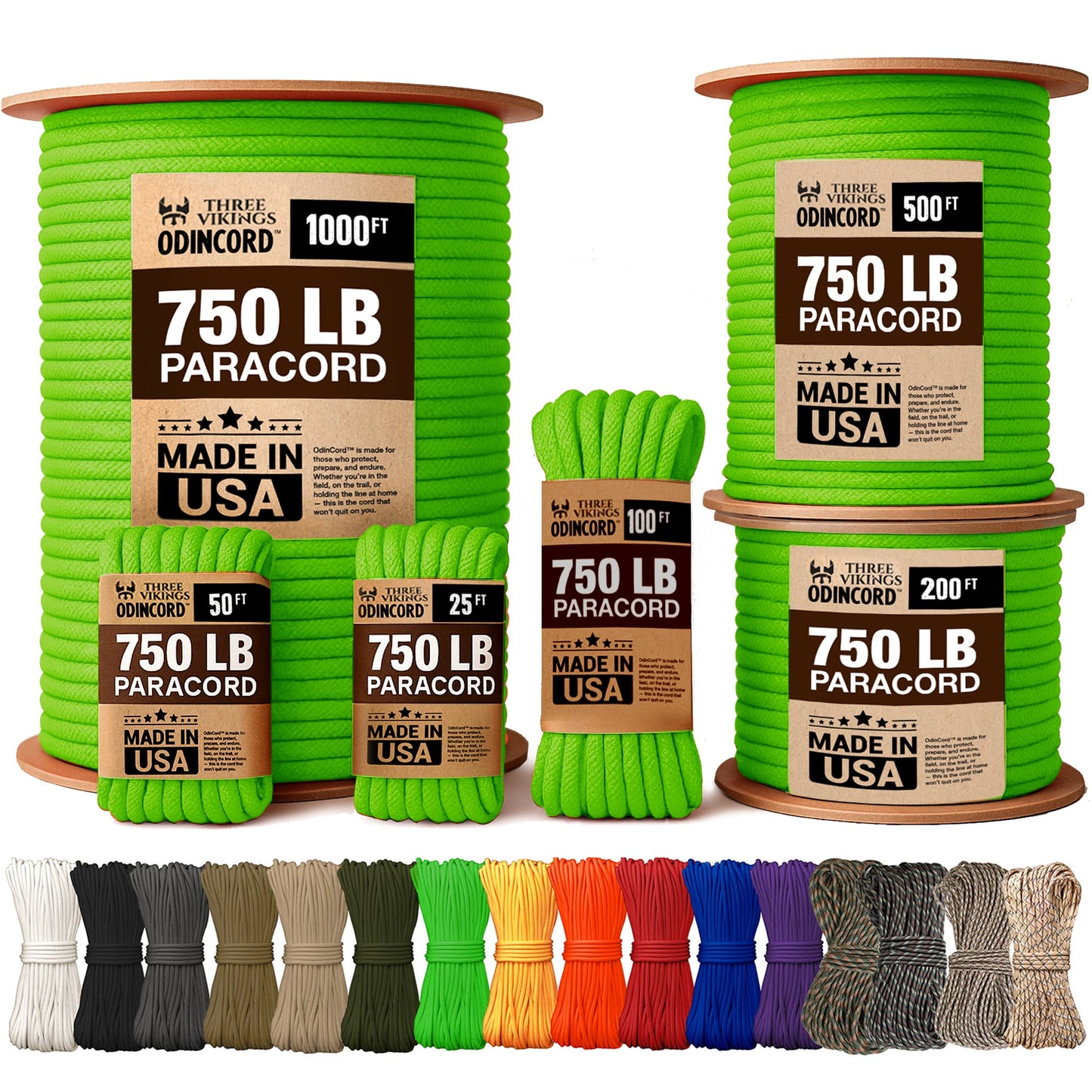 Three Vikings Premium Paracord Rope / Parachute Cord - 750lbs Type IV - 11 Strand Core - in Many Colors and Continuous Spools - Neon Green