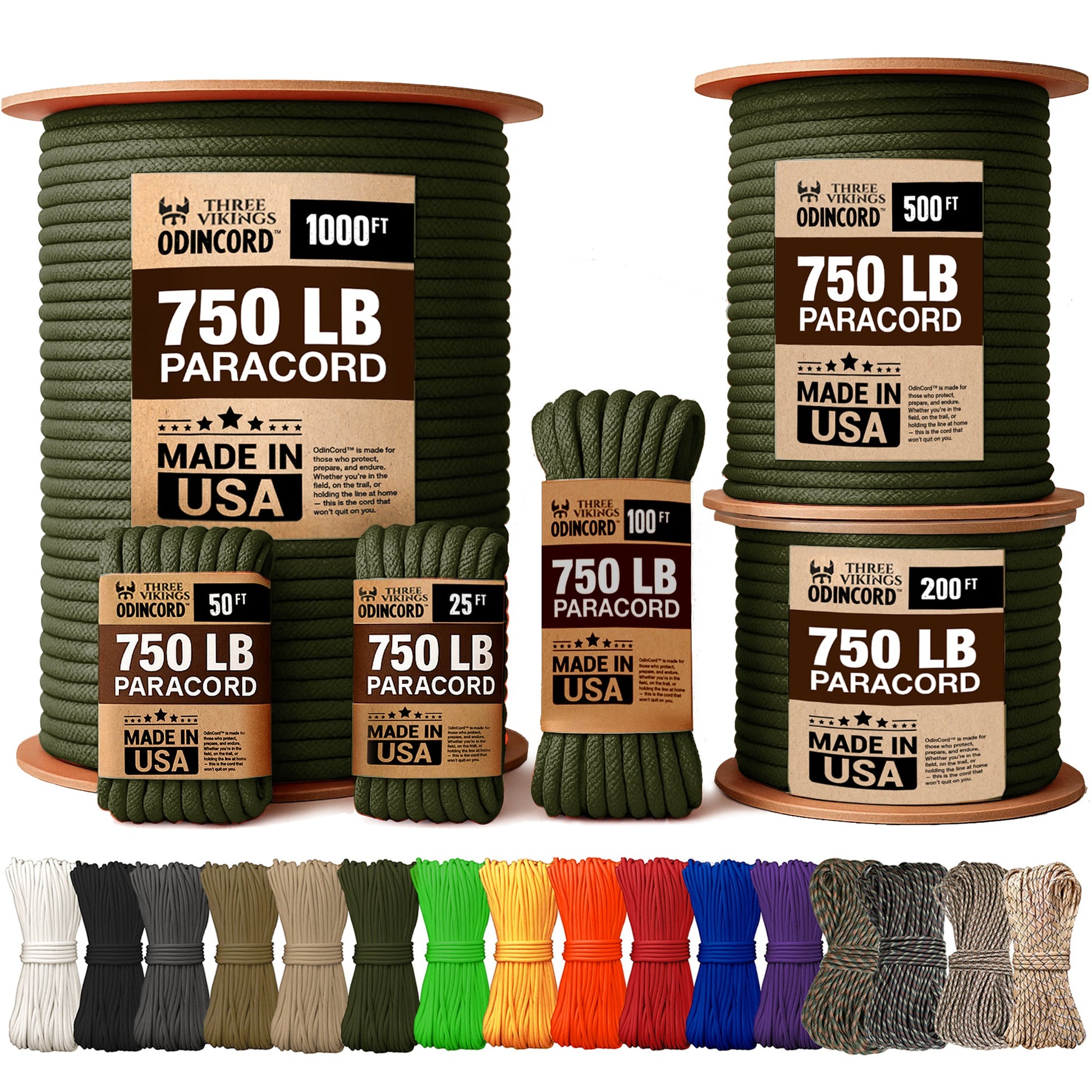Three Vikings Premium Paracord Rope / Parachute Cord - 750lbs Type IV - 11 Strand Core - in Many Colors and Continuous Spools - Olive Drab