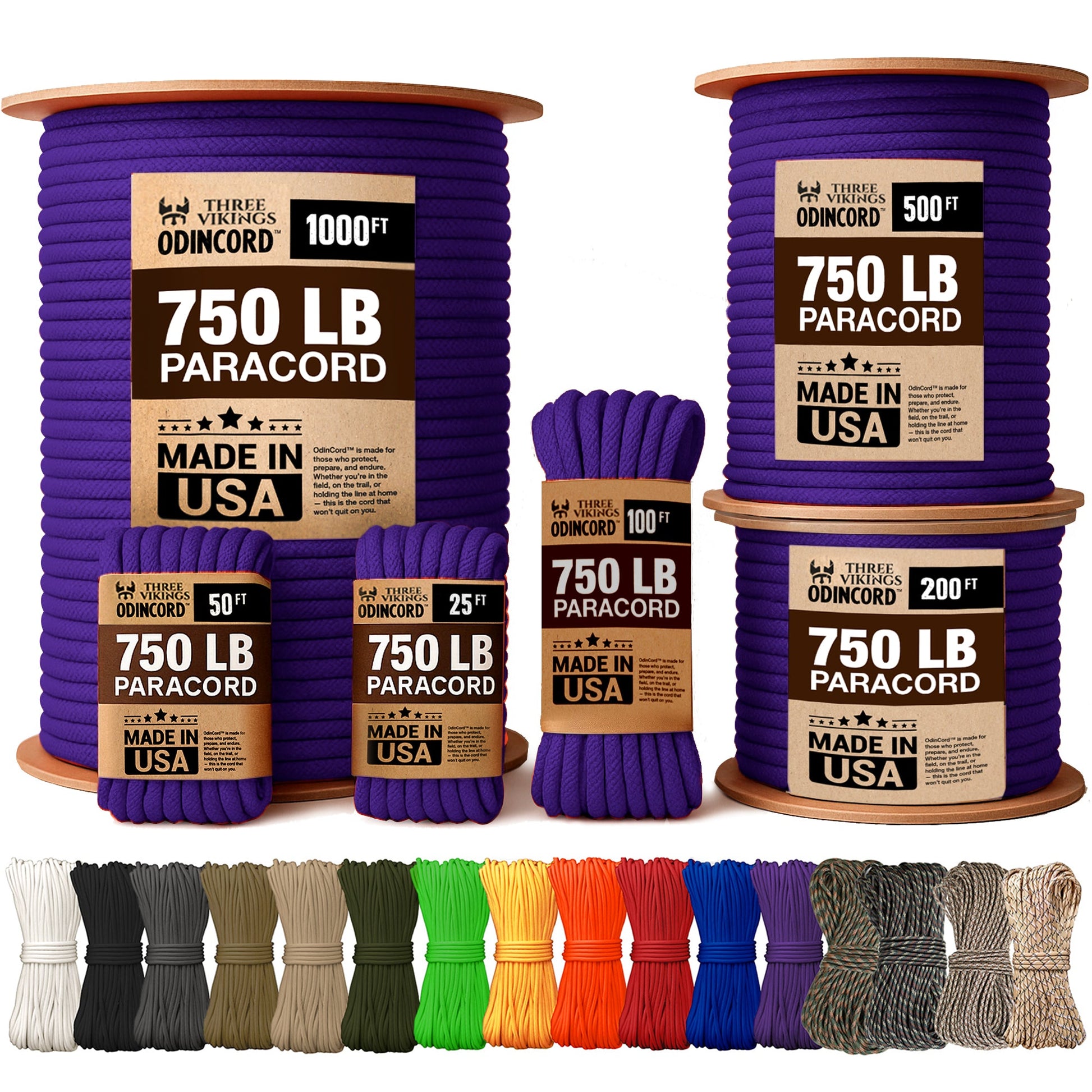 Three Vikings Premium Paracord Rope / Parachute Cord - 750lbs Type IV - 11 Strand Core - in Many Colors and Continuous Spools - Purple