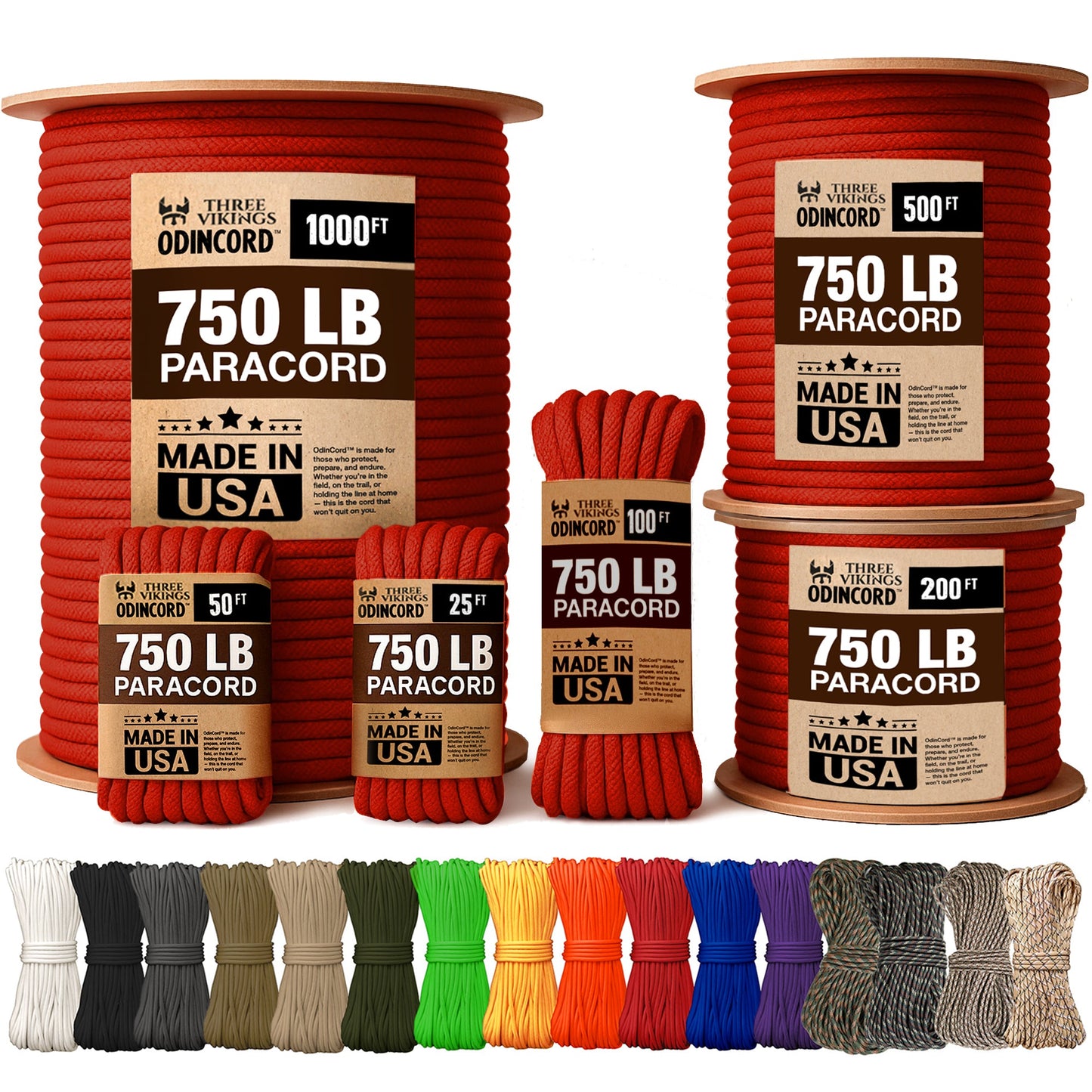 Three Vikings Premium Paracord Rope / Parachute Cord - 750lbs Type IV - 11 Strand Core - in Many Colors and Continuous Spools - Red