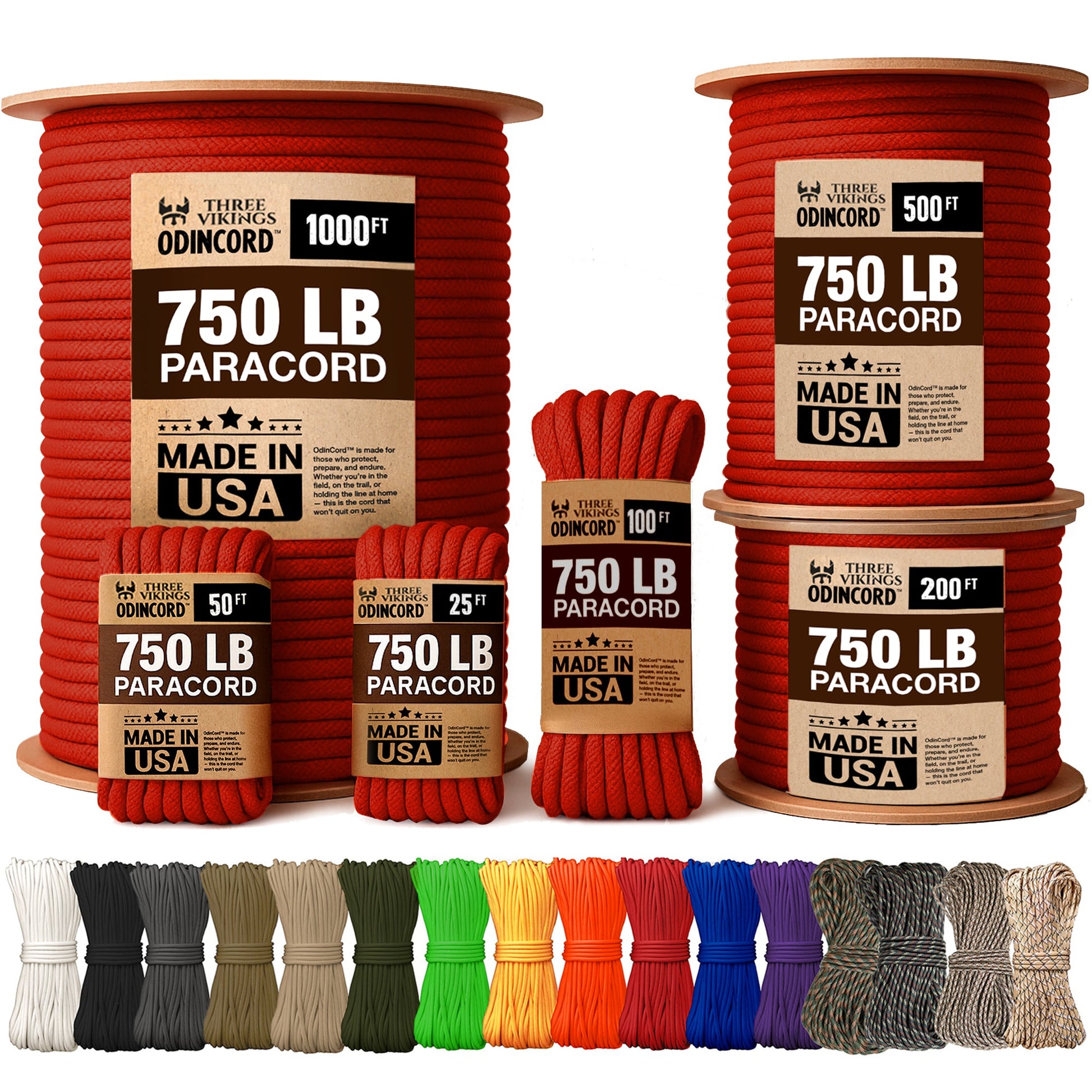 Three Vikings Premium Paracord Rope / Parachute Cord - 750lbs Type IV - 11 Strand Core - in Many Colors and Continuous Spools - Red
