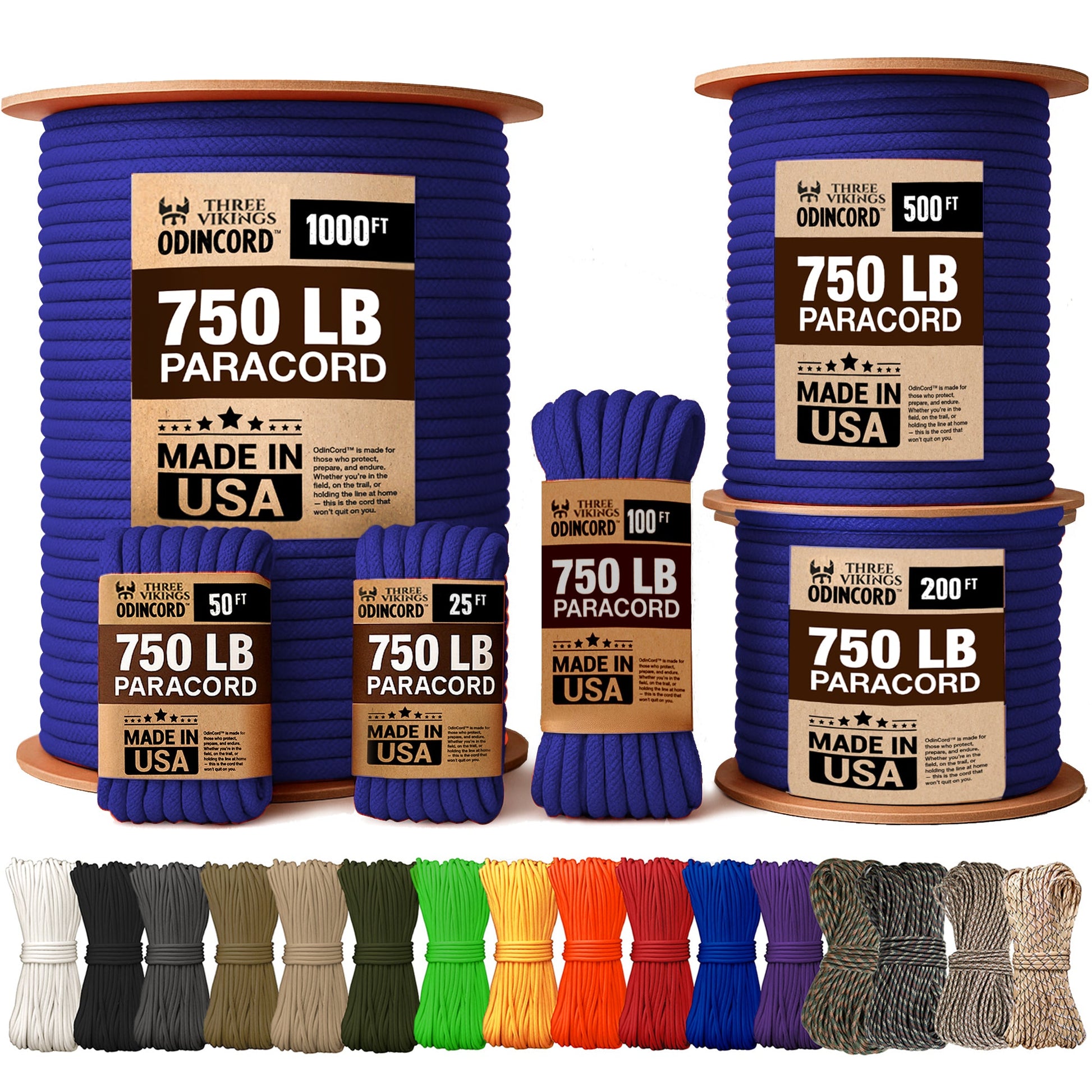 Three Vikings Premium Paracord Rope / Parachute Cord - 750lbs Type IV - 11 Strand Core - in Many Colors and Continuous Spools - Royal Blue