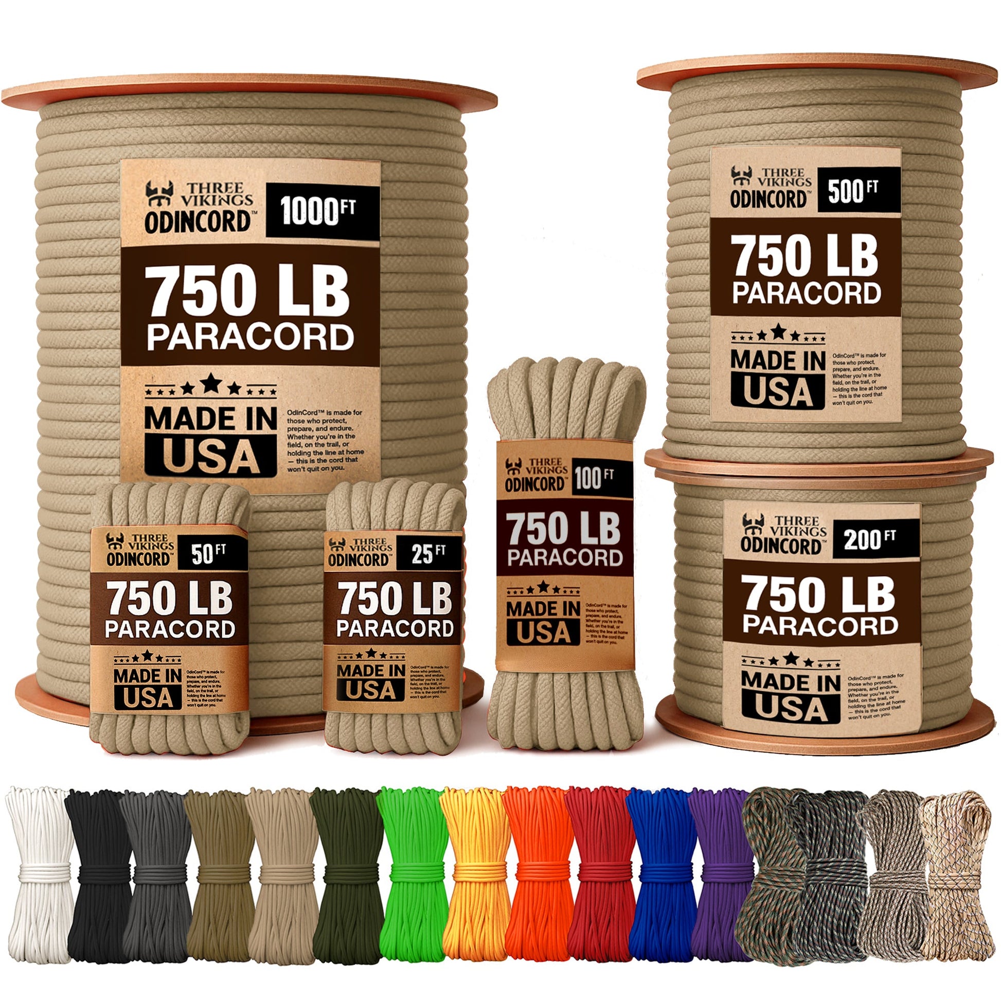 Three Vikings Premium Paracord Rope / Parachute Cord - 750lbs Type IV - 11 Strand Core - in Many Colors and Continuous Spools - Tan