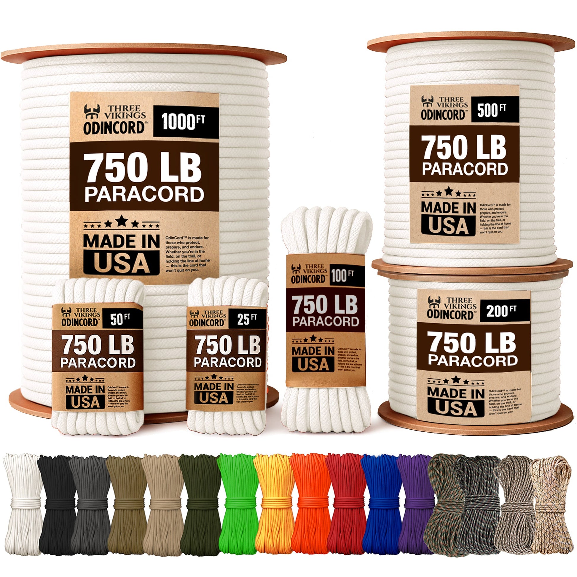 Three Vikings Premium Paracord Rope / Parachute Cord - 750lbs Type IV - 11 Strand Core - in Many Colors and Continuous Spools - White