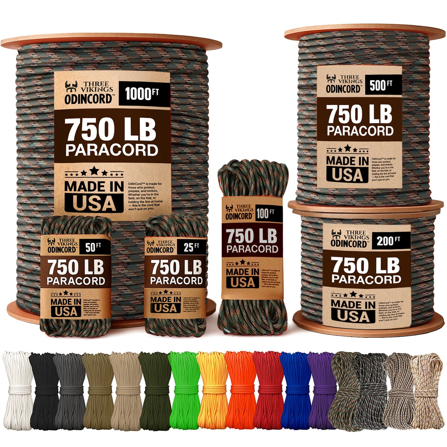 Three Vikings Premium Paracord Rope / Parachute Cord - 750lbs Type IV - 11 Strand Core - in Many Colors and Continuous Spools - Woodland Camo
