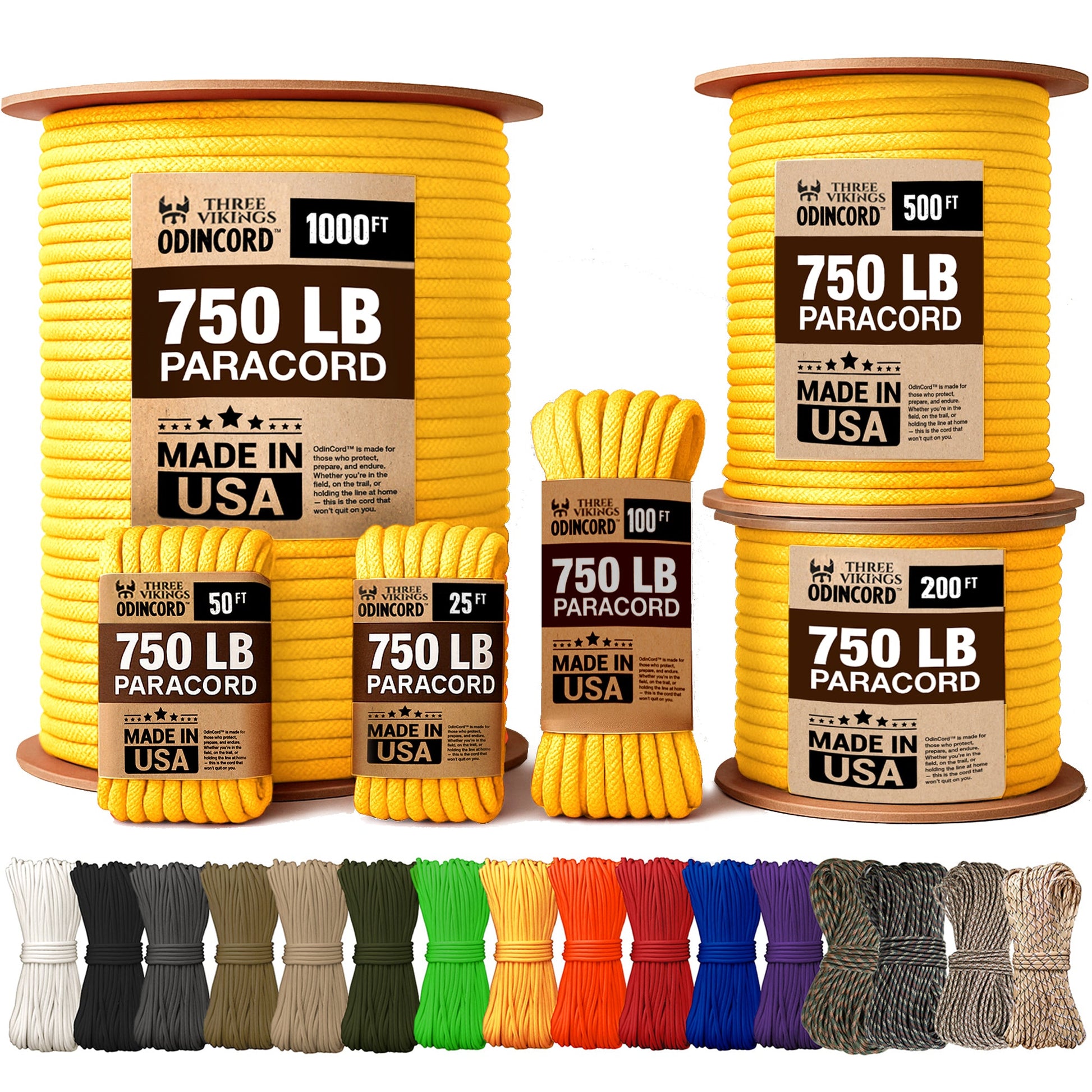 Three Vikings Premium Paracord Rope / Parachute Cord - 750lbs Type IV - 11 Strand Core - in Many Colors and Continuous Spools - Yellow