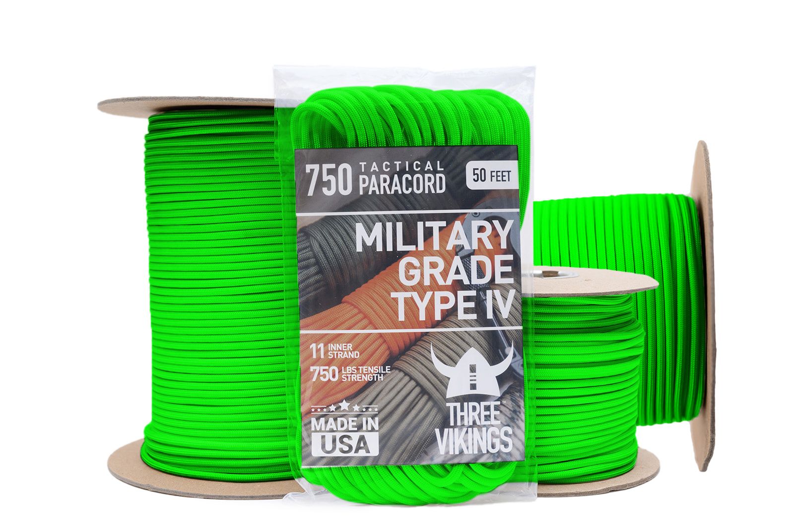 Three Vikings Premium 750 Paracord / Parachute Cord in Many Colors and Continuous Spools - Coiled in Bag - Neon Green 750 lb.