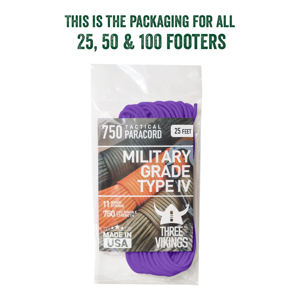 Three Vikings Premium 750 Paracord / Parachute Cord in Many Colors and Continuous Spools - Coiled in Bag - Purple 750 lb.