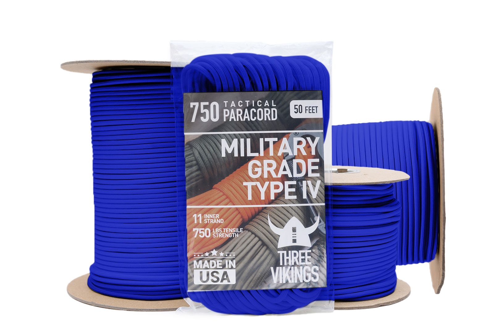 Three Vikings Premium 750 Paracord / Parachute Cord in Many Colors and Continuous Spools - Coiled in Bag - Royal Blue 750 lb.